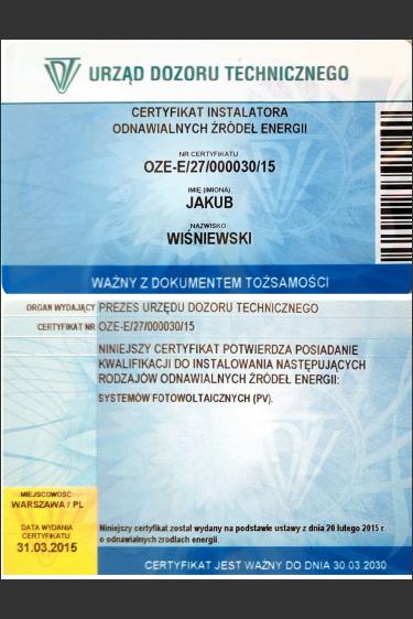 Certyfikat UDT OZE PV